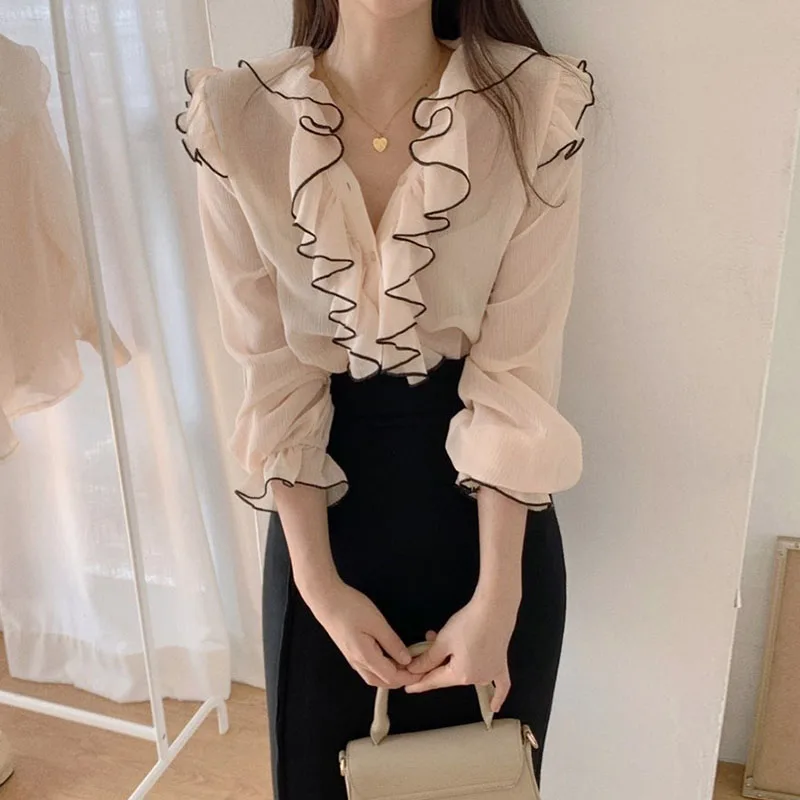 

Spring Autumn Women's Blouse Korean V-neck Stitching Contrast Color Ruffled shirt New Single-breasted Long-sleeved Tops GX375