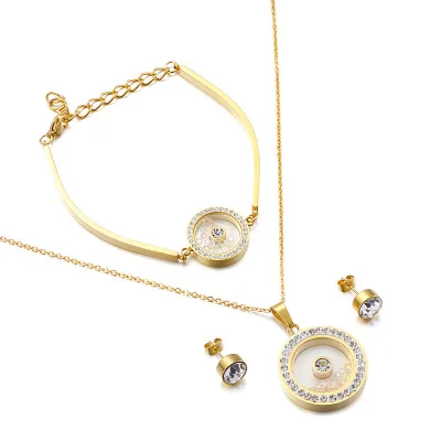 gold sets Ансамбль Bijoux набор из нержавеющей стали золотой цвет кубического циркония круглый кулон ожерелье серьги+ браслет наборы для женщин партии оптом - Окраска металла: gold sets