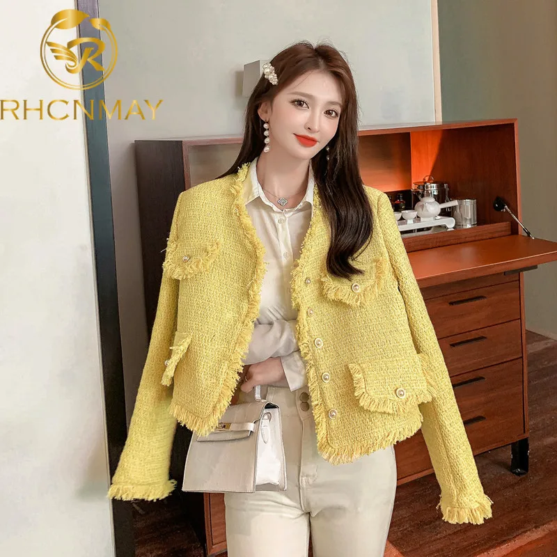 

2021 Spring Vintage Women Single-Breasted Yellow Tweed Coat Fashion V-Neck Long Sleeve Tassel Autumn Elegant Gentle Outwear