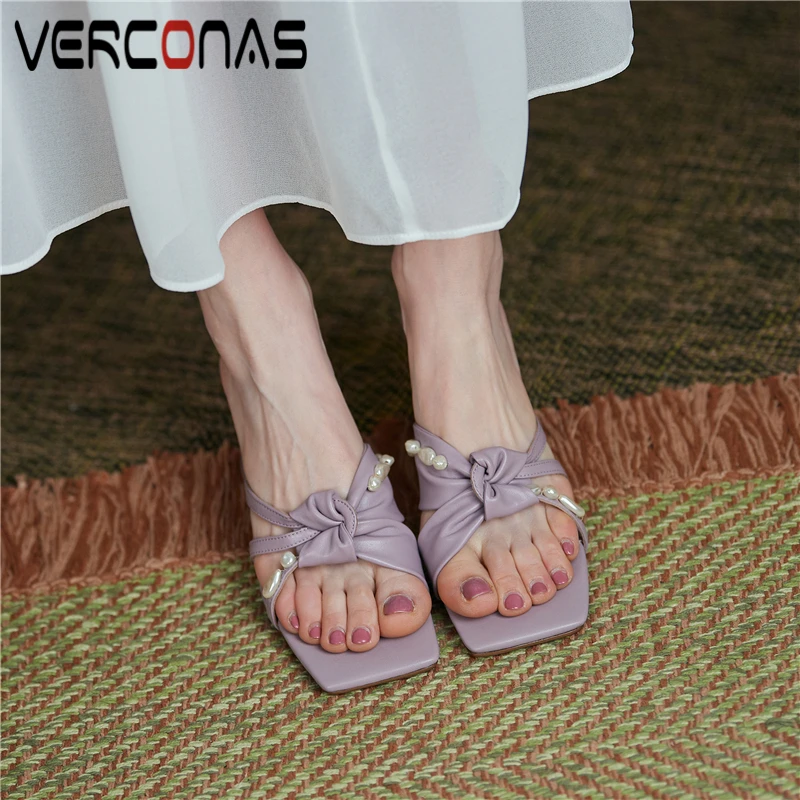 

VERCONAS Casual Fashion Women Sandals Spring Summer Genuine Leather High Heels Slippers New Pearl Shoes Woman Brand Design 2021