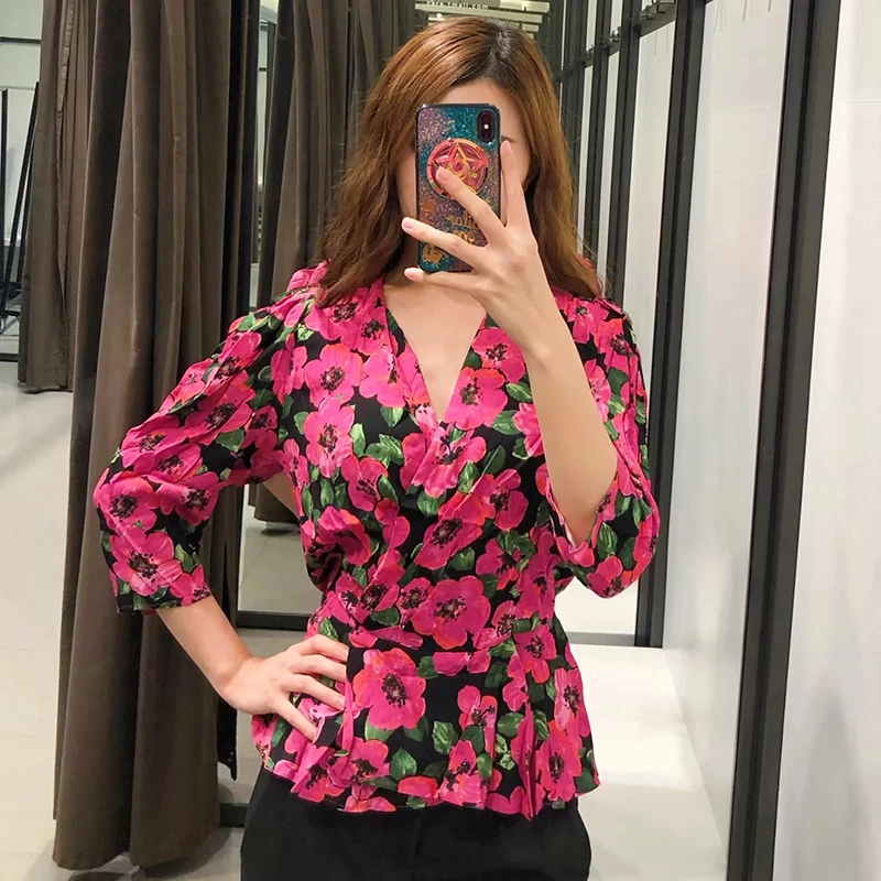 2019 женские шикарные цветочные печати Boho Za красная блузка летние с v образным