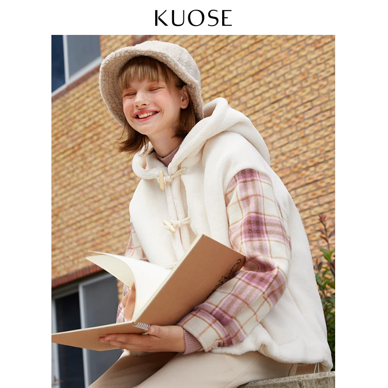 White KUOSE женские шерстяные худи из овечьей шерсти, пальто в клетку, свободная Корейская Милая стильная шикарная теплая куртка с роговыми пряжками - Цвет: White