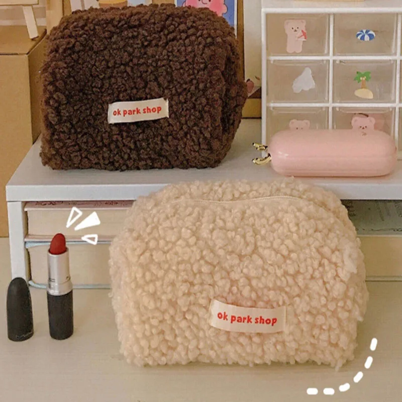 

1 Pc Women Soft Lambswool Makeup Bag Zipper Large Solid Color Cosmetic Bag Travel Make Up Toiletry Bag Washing Pouch