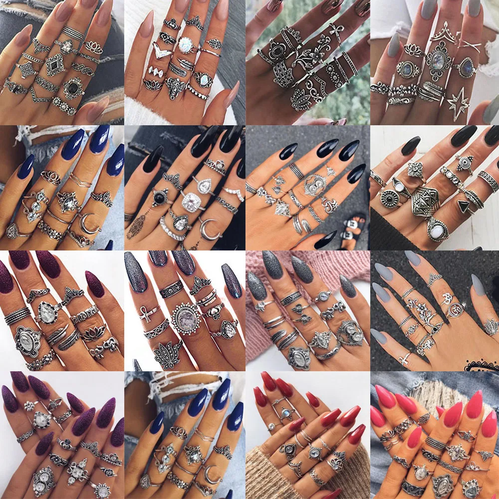 Модное винтажное кольцо в стиле бохо разноцветное женское Набор комбинированных