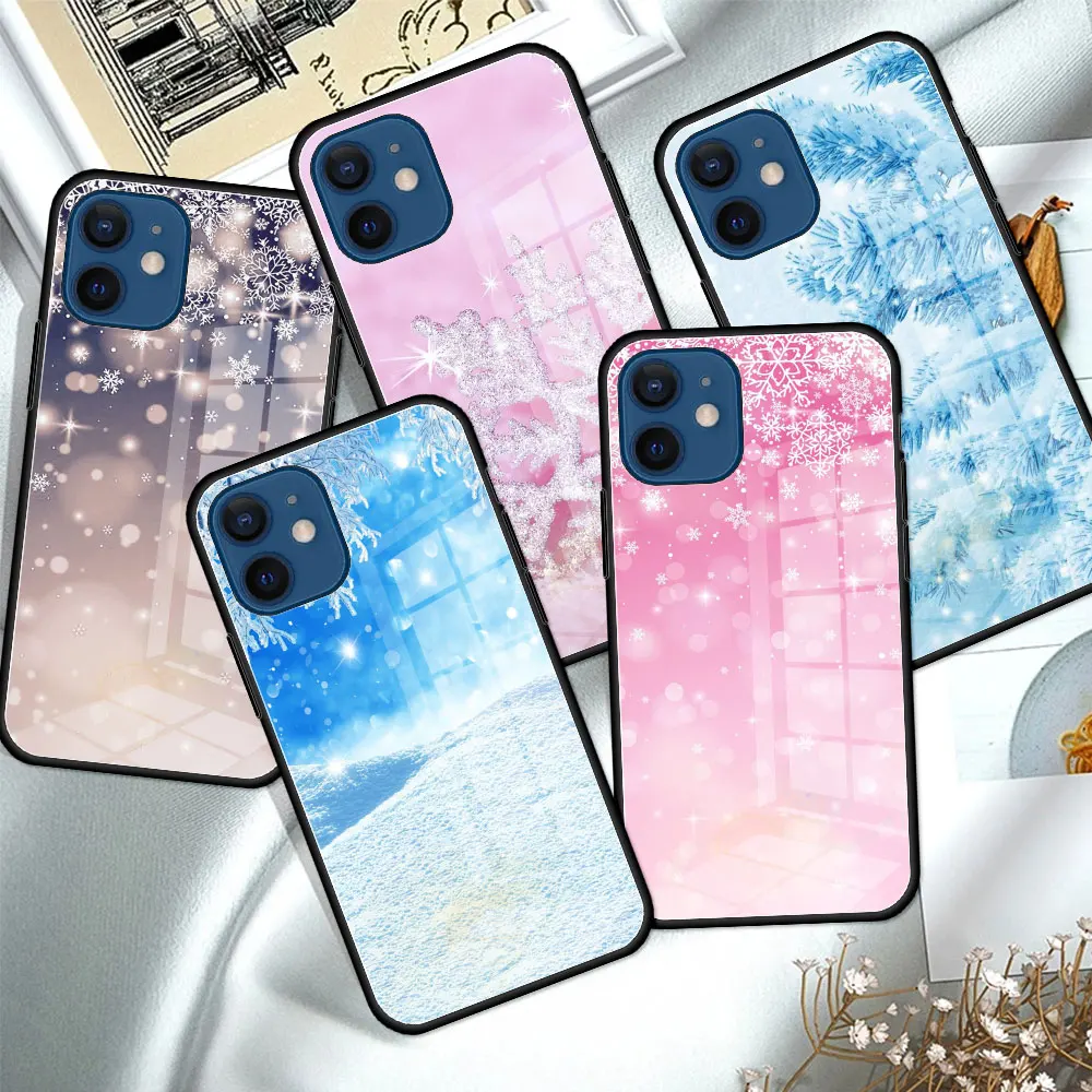 

Glass Case For iPhone 13 Mini 11 12 Pro Max 7 8 + XR X 6 6S Plus XS SE 2020 Soft Edge Phone Covers Cool Christmas Snowflakes