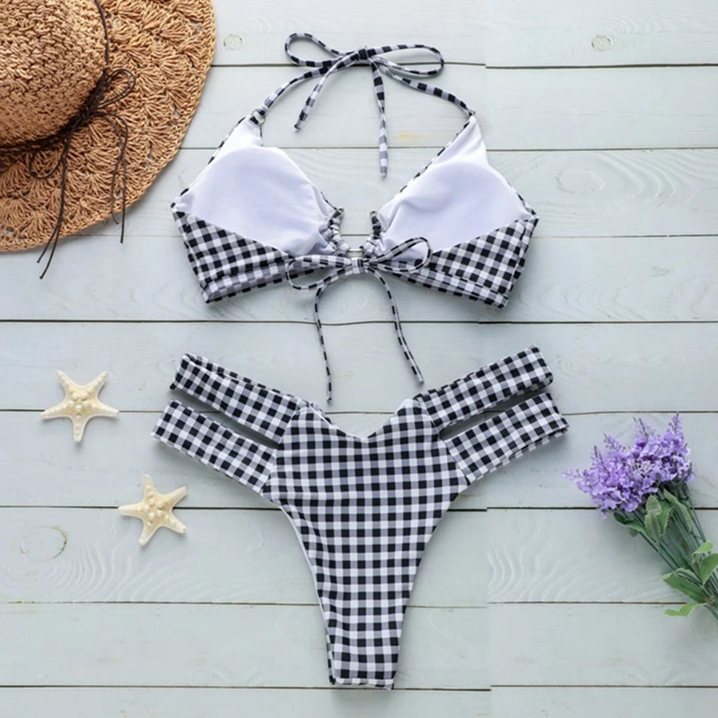 

LEEMIIJUU Plaid Sexy Women Bikini Set New Push Up Padded Swimwear Bikini Hot Sale Women Bathing Suit Beachwear Swimming Suit