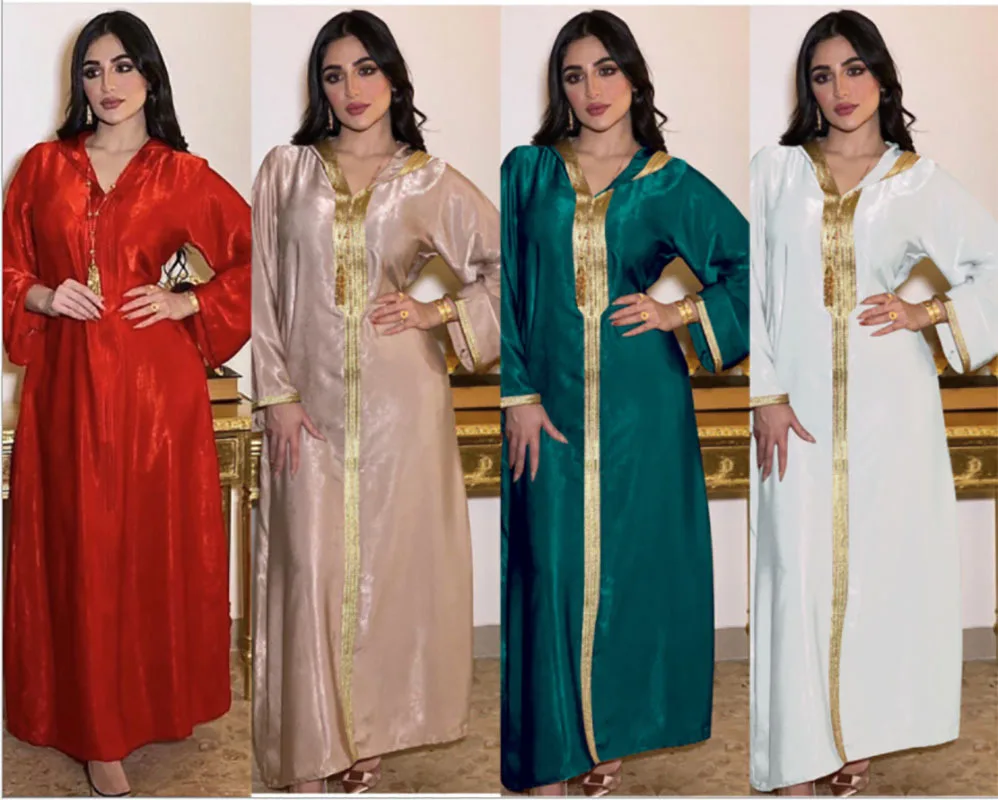 

Dubai Abaya Jalabiya Hooded Long Skirt Long Sleeve Islamic Muslim Women Morocco Kaftan Arab Turkish Robe Champagne White Green