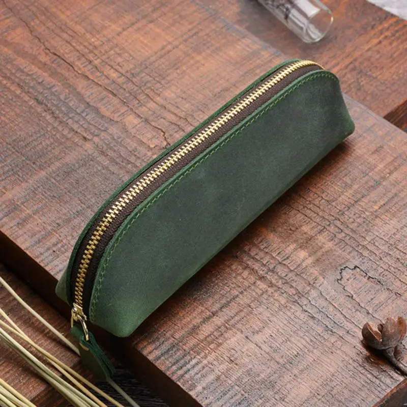 

Crazy Horse Leather Pencil Bag Vintage Retro Zipper Fountain Pen Makeup Pouch