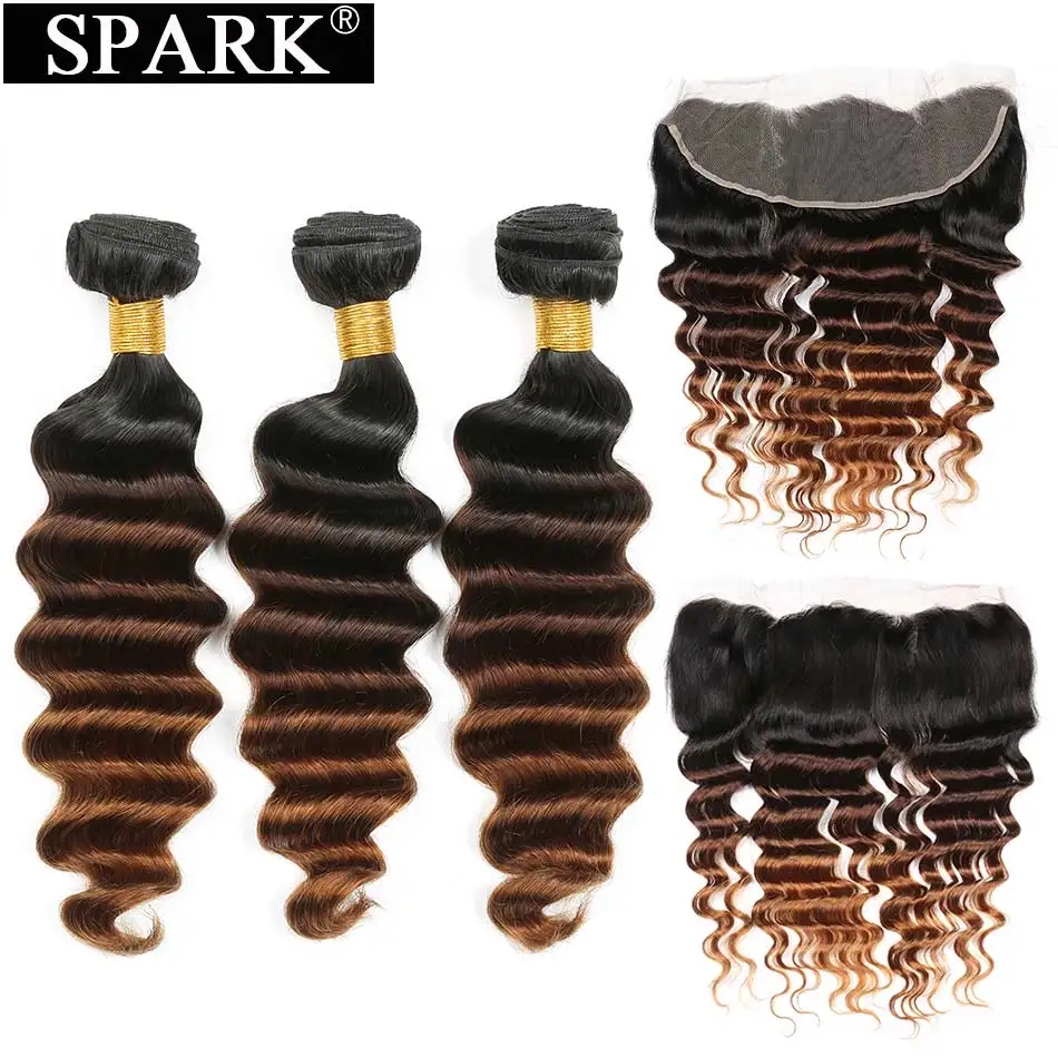 

Spark Human Brazilian Hair Bundles With Frontal Ombre Loose Deep Wave Ear To Ear 13x4 Lace Frontal With 3/4 Bundles 1B/4/30 Remy