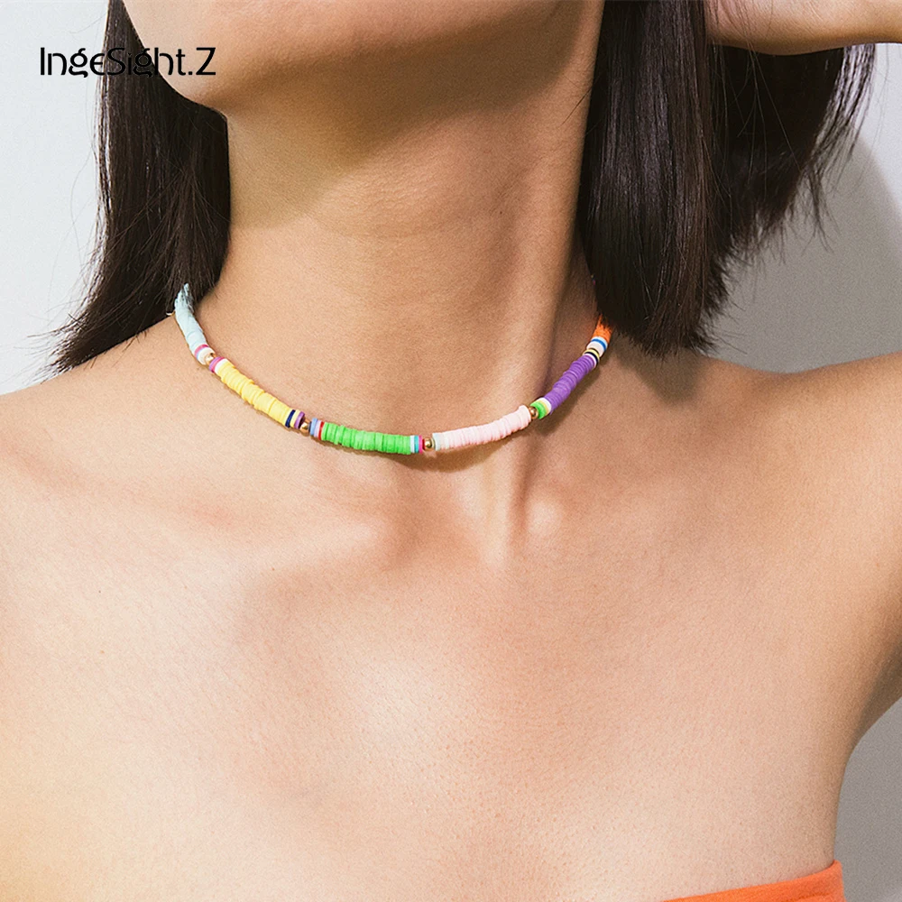 

IngeSight.Z Bohemian Rainbow Soft Pottery Choker Necklace Collar Statement Colorful Short Clavicle Chain Necklace Women Jewelry