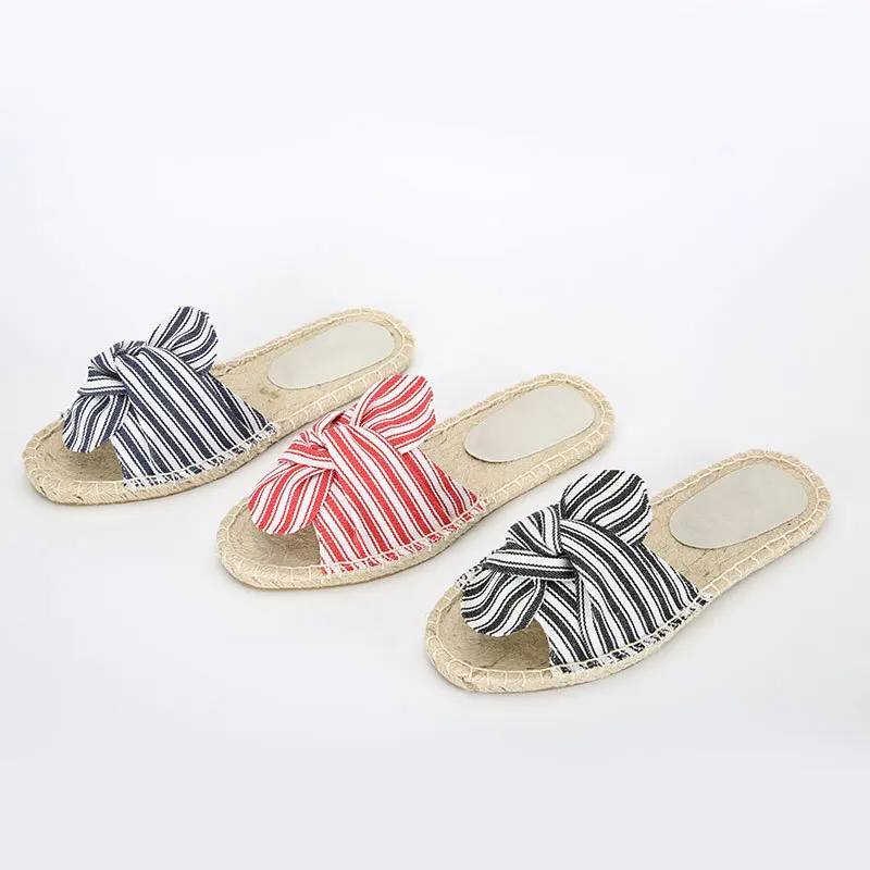 

Multicolored Stripe Lattice Summer New Butterfly Knot One-footed Slippers Hemp-soled Fisherman's Shoes A297