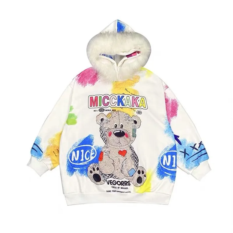 

2021 Tide Brand Cartoon Pullover Big Fur Collar Sweatshirt Women Autumn and Winter Loose Plus Fleece Hooded Jacket Fashion Trend