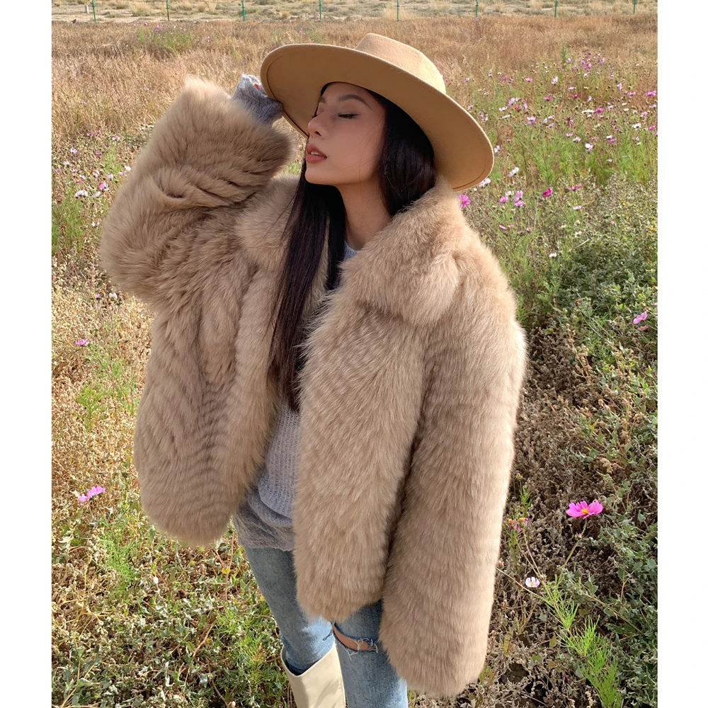 2022 New Women Real Fox Fur Jacket With Lapel Collar Genuine Leather Natural Fox Fur Coat Winter Fashion Thick Warm Fur Overcoat