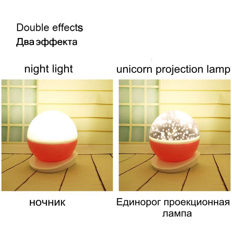 RGB Светодиодный проекционный светильник Единорог USB на батарейках Ночной детский