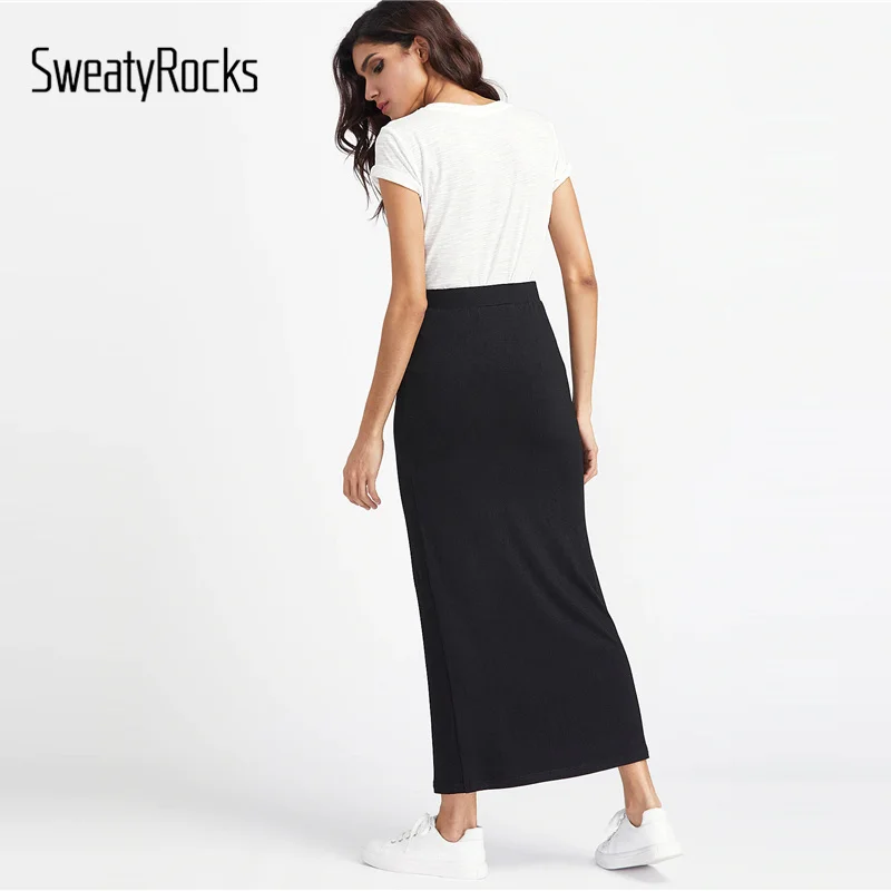 SweatyRocks черная длинная трикотажная юбка с эластичной резинкой на талии уличная облегающая макси юбки Женские однотонные повседневные Прямые юбки