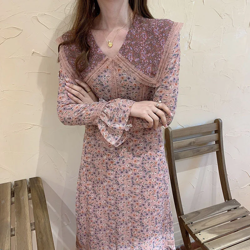 

HanOrange 2021 New Flower Dress Female Spring Autumn Perter Pan Collar Chiffon Dress