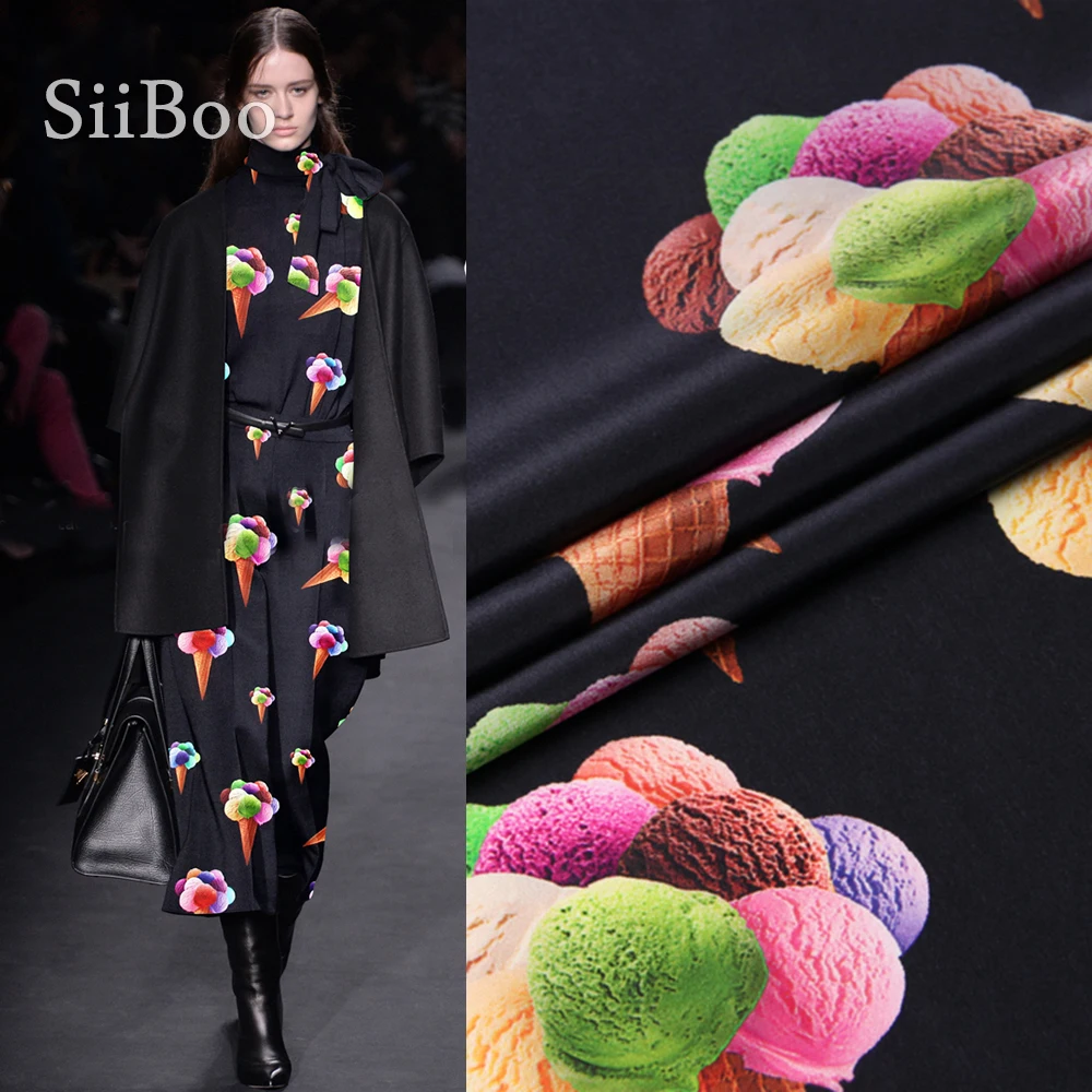 Черно белая ткань из 100% шелка с принтом мороженого для платья рубашки