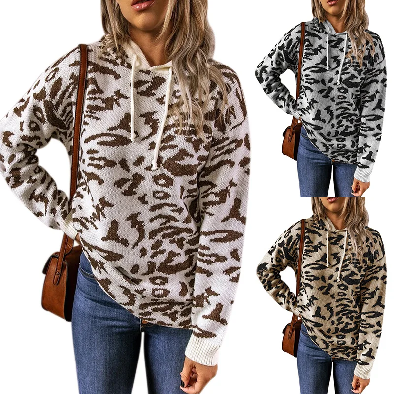

Leopard Knitted Drawstring Hooded Sweater Women Long Sleeve Thick Pullover Female Autumn Winter Vintage Sweaters Casual Jumper