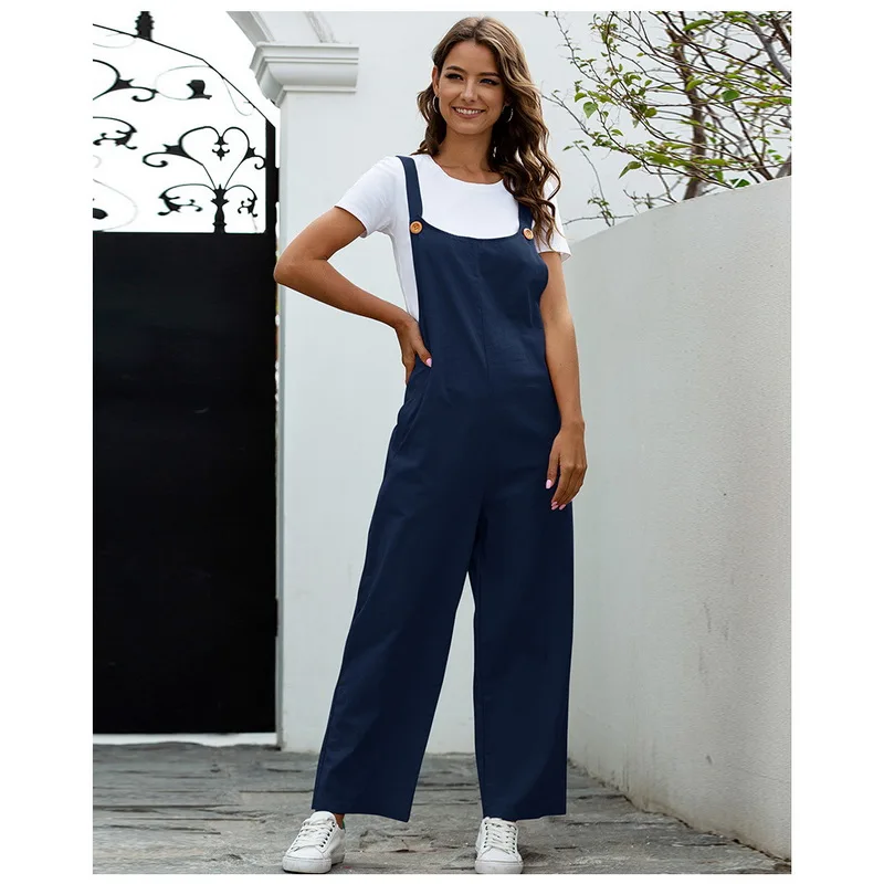 

Summer 2021 Loose With Pocket Jumpsuits Women Fashion Spaghetti Jumpsuit Casual Solid Color Womens Jumpsuit