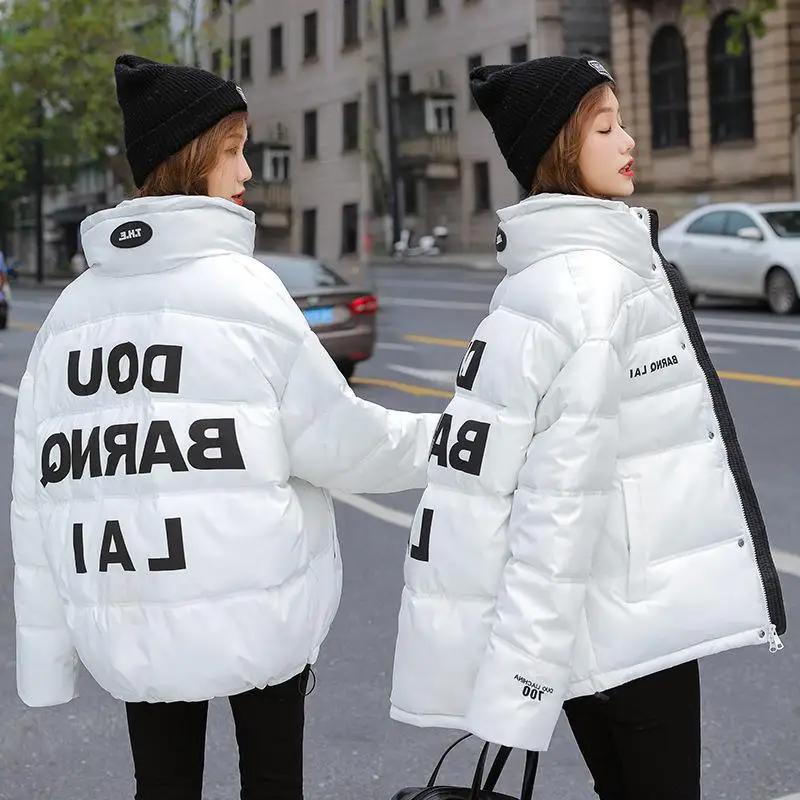 2021 Winter Women Parka Korean Bright Sports Bread Jacket Patchwork Letter Print Warm Cotton Coat Female Loose Plus Size Clothes