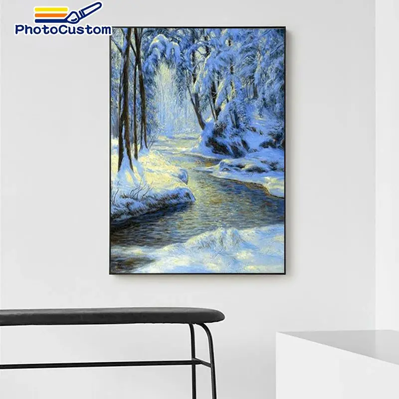 

PhotoCustom Acylic Winter scenery Pictures By Numbers Tree Paint on Canvas Coloring Oil Painting HandPainted Home Decor