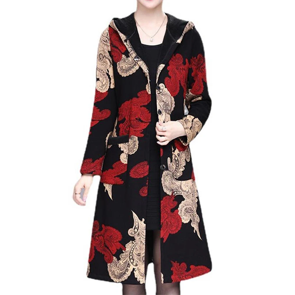 

Floral Print Hooded Trench Plush Thicken Womens Ladies Long Sleeve Hoodie Coat Winter Warm Buttons Cardigan New Trenches