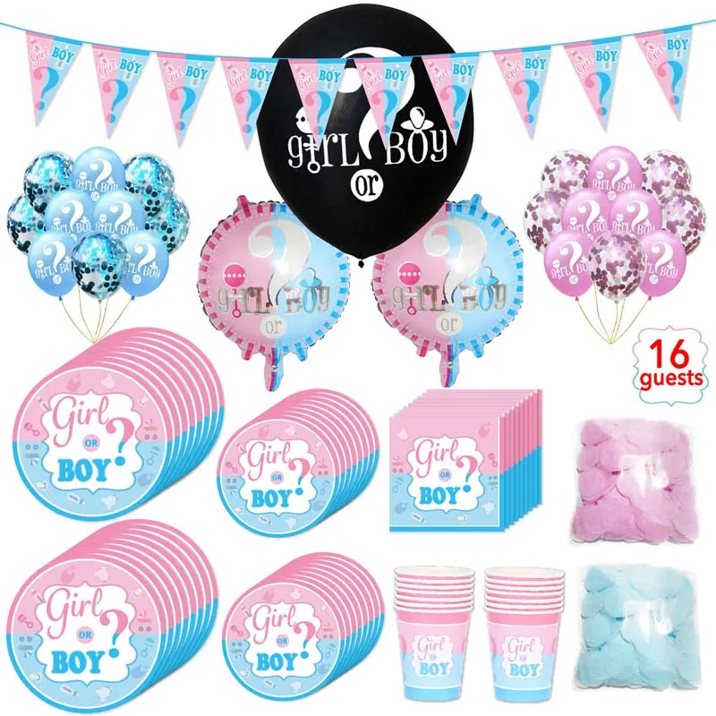 

8/16pcs Boy or Girl Gender Reveal Disposable Party Decorations Supplies Dinner tray straw paper towel Disposable Tableware Sets
