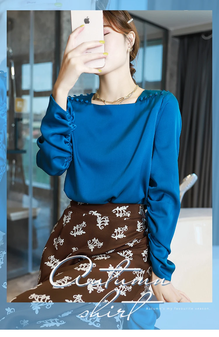 

beautiful {Just peacock blue silk collar shirt Women's drawstring design
