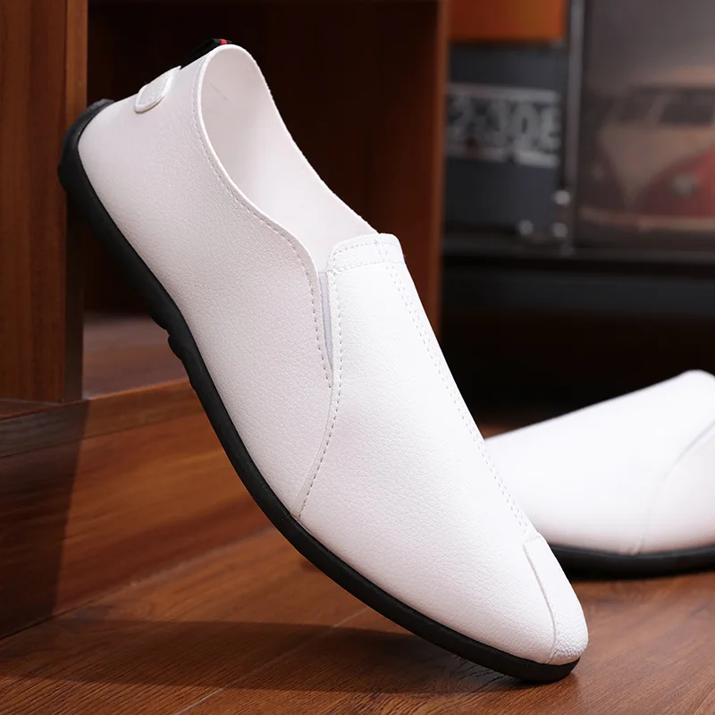 Мужские кожаные туфли повседневные лоферы на плоской резиновой подошве