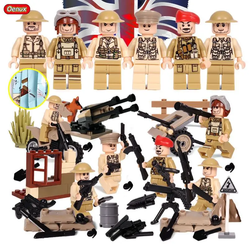British Army Oenux, новинка, 6 шт., WW2, мини, США, армейский солдат, фигурка, военный строительный блок, набор, WW2, военная модель оружия, MOC, кирпичная игрушка для детей - Цвет: British Army