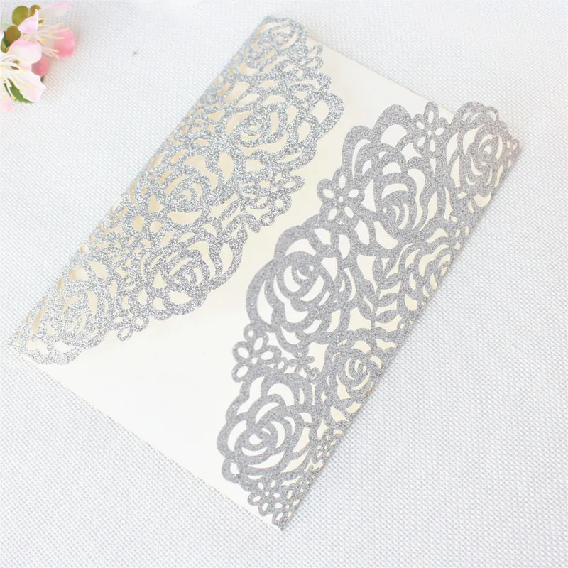 (10 pieces/lot) Luxury Glittery Silver Laser Cut Rose Wedding Invitation Card With Ribbon Birthday Quinceanera Cards IC055 | Дом и сад