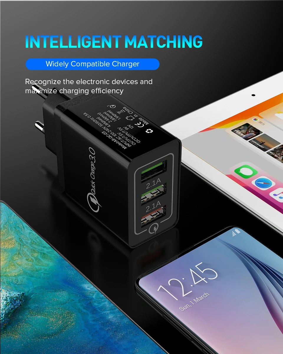 Venroii 3 USB зарядное устройство для мобильного телефона QC3.0 EU разъем для iPhone XR X Xiaomi Смартфон быстрая зарядка для huawei Быстрая зарядка
