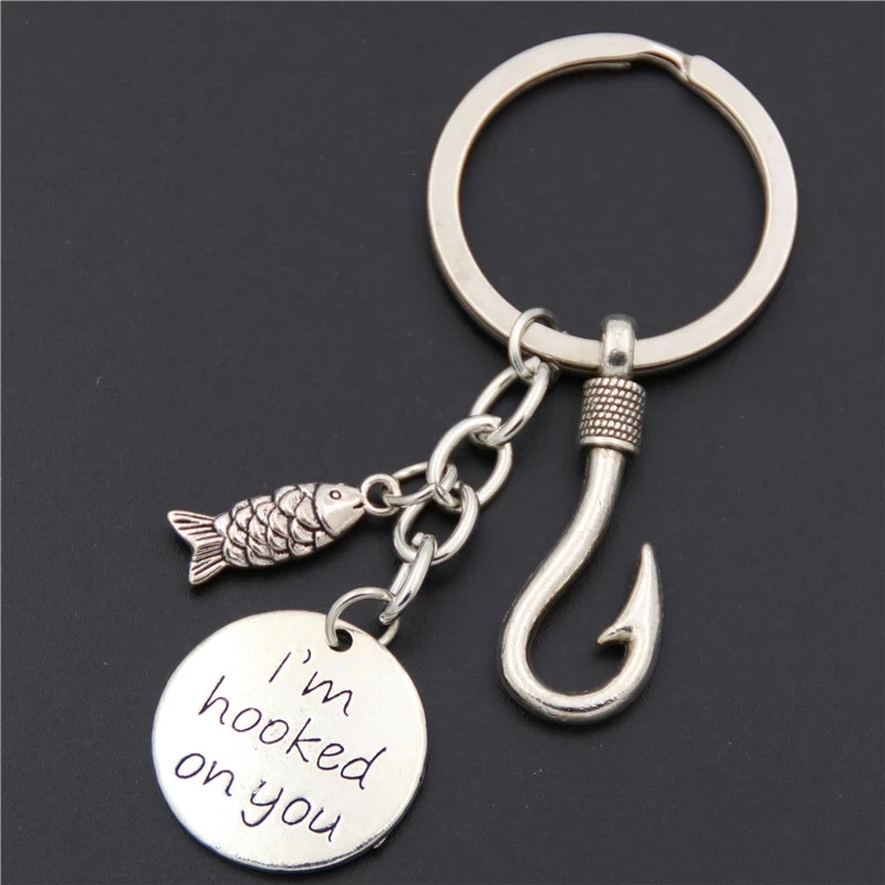 

1pc Fish Hook Fishing Keychain Keyring Stamped "I'm Hooked On You Fishing Gift Fish Hook Jewelry Father's Day Gift