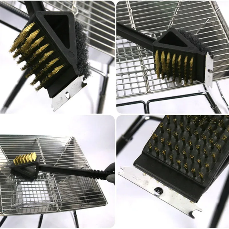 

New Multi 3-in-1 Stain Bristle Copper Wire Brush BBQ Grill Steel Scraper Edge Long Handle Shovel Brush Wipe Cleaning Brush Tools