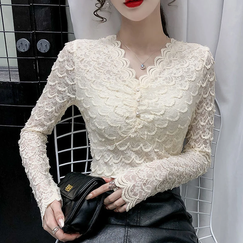 

Elegant Lace Blouse V-neck Shirt Women 2021 Autumn Long Sleeve Slim Tops Women Korean Fashion Solid Casual Shirt New 17386