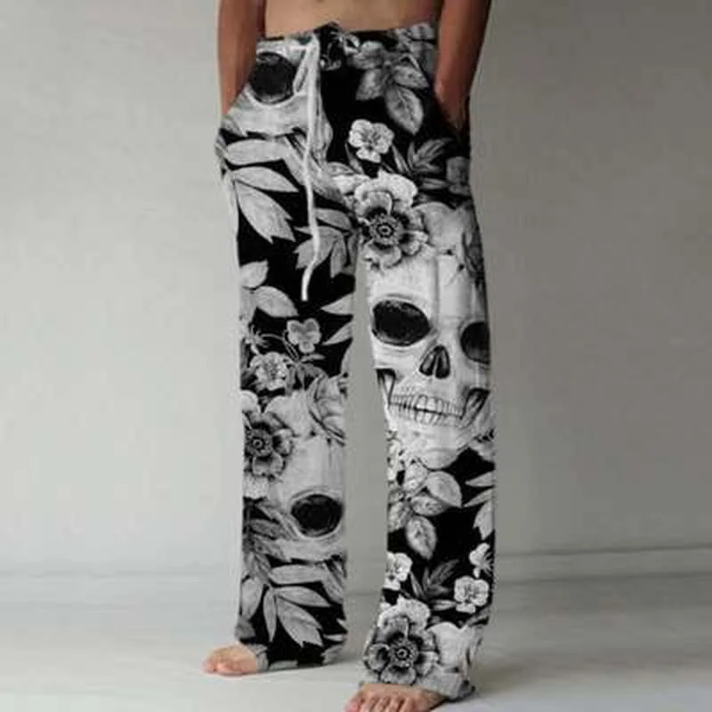 

Black Pants Men Skull Print High Waist Wide Leg Pant Summer Autumn Streetwear Mens Clothing Pocket Loose Jogger Mens Trousers