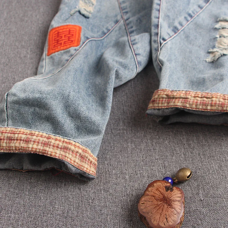 

Light Bule Art Labeling Patch Ripped Embroidery Holes Women Jeans Denim Pants Jogger Fashion Casual Loose Oversize Cotton