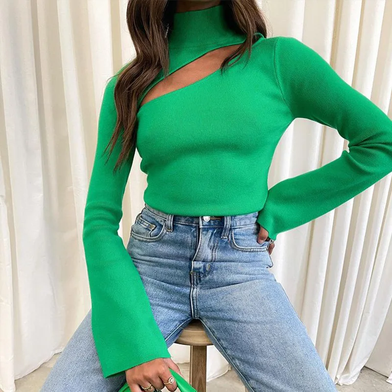 

W&G New Fashion Spring autumn solid Color High street Long Sleeve Top Hollow Out Knitted Short Sweater fall 2022 women M211259