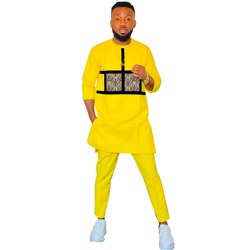 

Yellow Cotton Men Half Sleeve Tops With Solid Trousers Nigeria Fashion Patchwork Shirt+Pant African Wedding Clothes