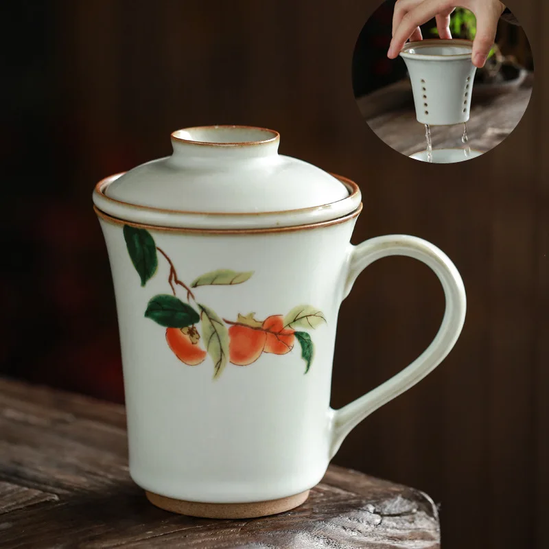 

335ml Stylish And Convenient Ruyaru Ceramic Coffee Cup Office Tea Cup With Lid Filter Water Cup 3 Piece Set