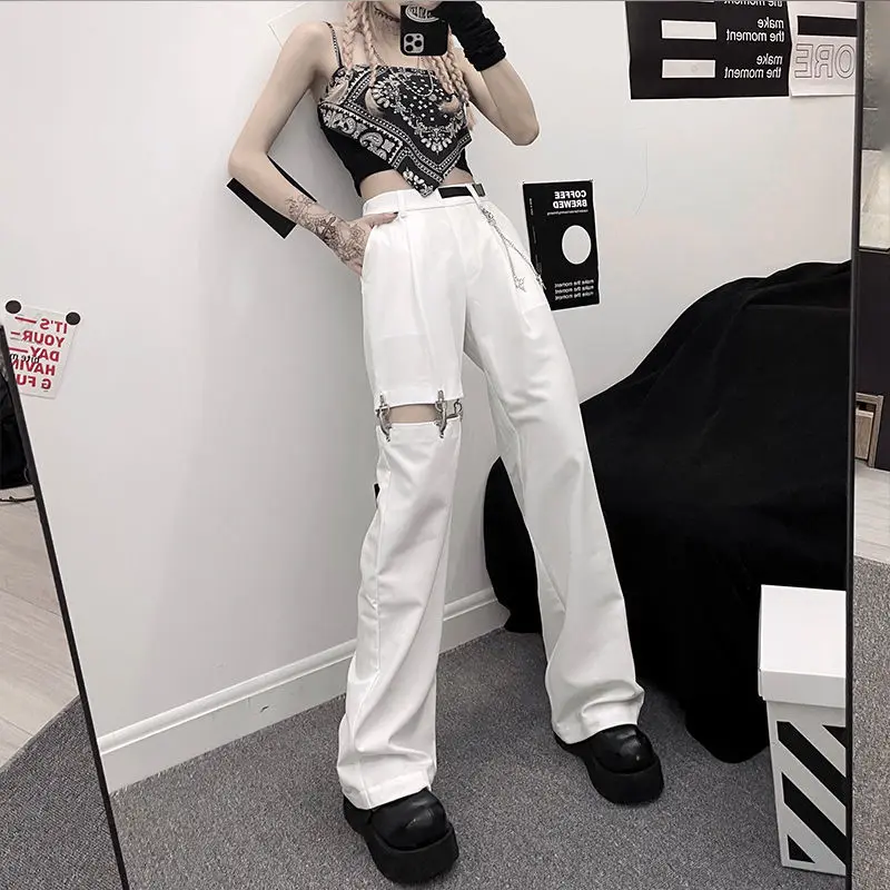 

QWEEK Mall Goth Black Cargo Pants Chian Women Techwear Gothic White Oversize Wide Leg Trousers Female Harajuku Hippie Streetwear