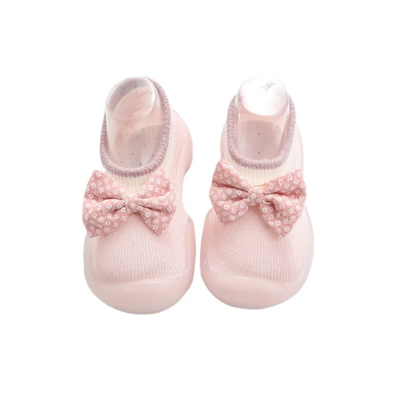 

2021 New Indoor Floor Anti-slip Children's Floor Shoes Girls Baby Toddler Shoes Pink Yellow Rubber Sole Cartoon Bow Socks Shoes
