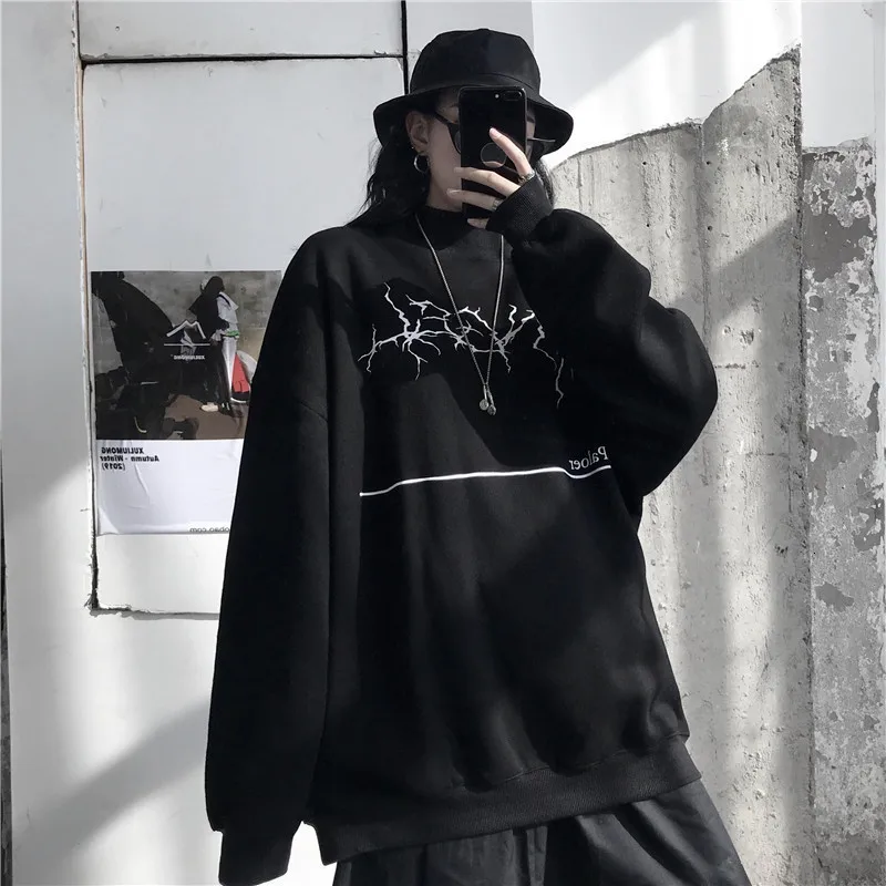 Harajuku уличная свободная толстовка с длинными рукавами и принтом молнии|Женские