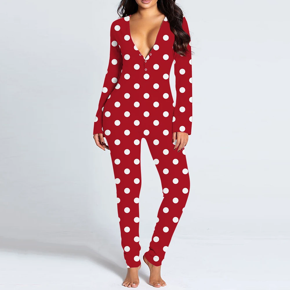 

2021 Fashion Sexy Pajamas for Adults Deep V-neck Button Flap Jumpsuit Femme Bodycon Pyjama Stretch Sleepwear for Women Onesies