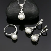 silver 925 classic jewelry sets for women white pearl beads ring pendant necklace drop earrings wedding accessories