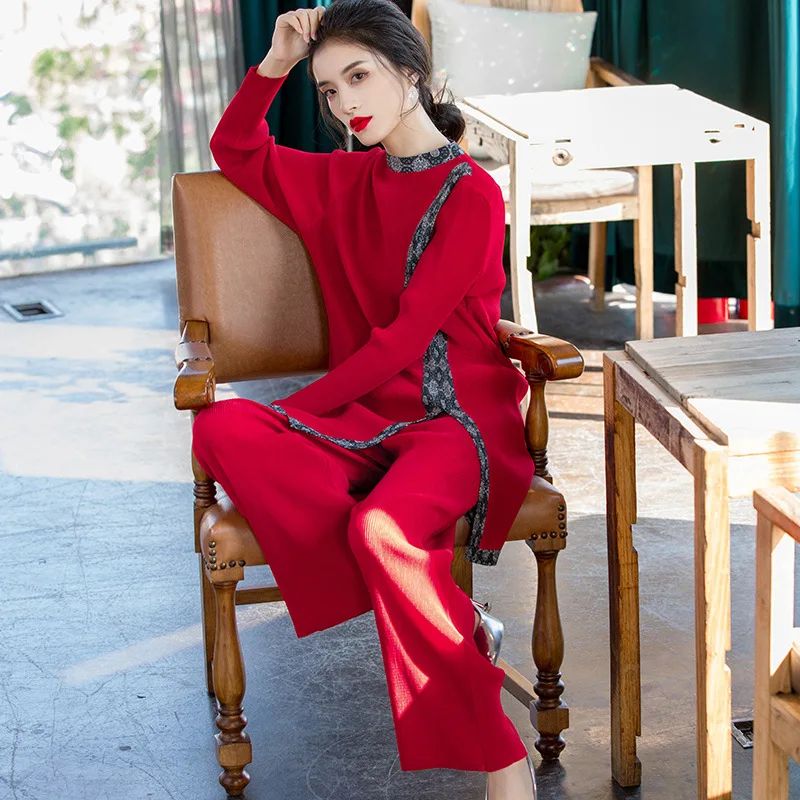 

Large size pleated two piece set 2020 spring new splicing loose T-Shirt Top casual pants set two piece set top and pants set