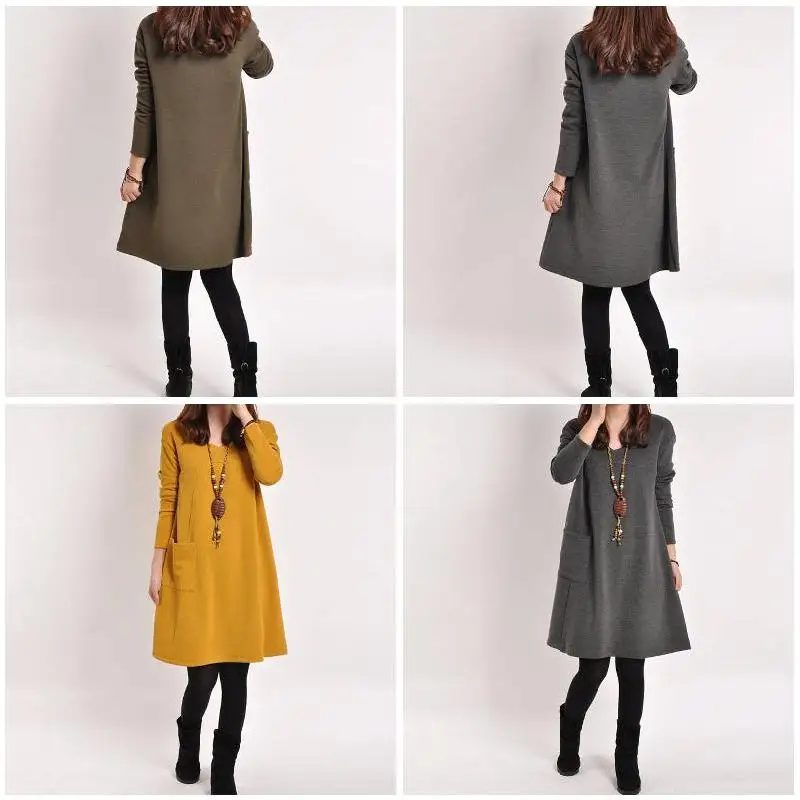 

Women Dresses With Pocket Solid Color Long Sleeve V Neck Loose Casual Autumn Winter Dress Plus Size SER88