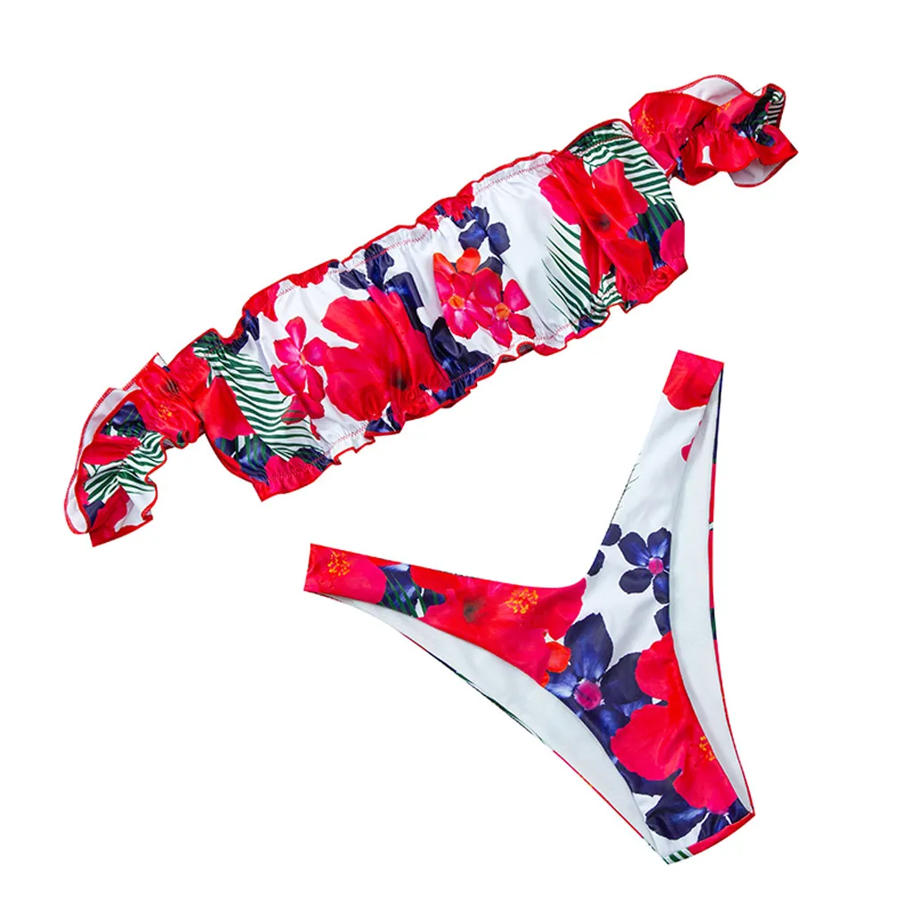 Женский раздельный купальник с оборками открытыми плечами и цветочным принтом