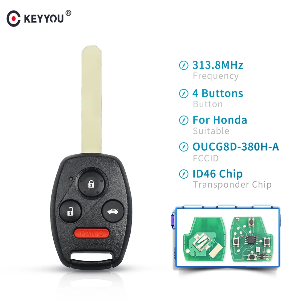

KEYYOU Remote Car Key Fob 313.8Mhz ID46 Chip OUCG8D-380H-A For Honda Accord 2003 2004 2005 2006 2007 3+1 Buttons