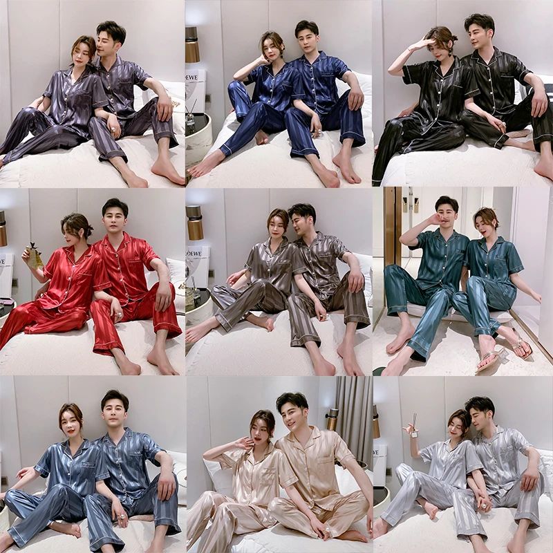 

Spring Summer Silk Satin Couple Pajamas Set Striae Short Sleeve Sleepwear Men Women Pyjamas Soft Homewear Suit Lovers Nightwear